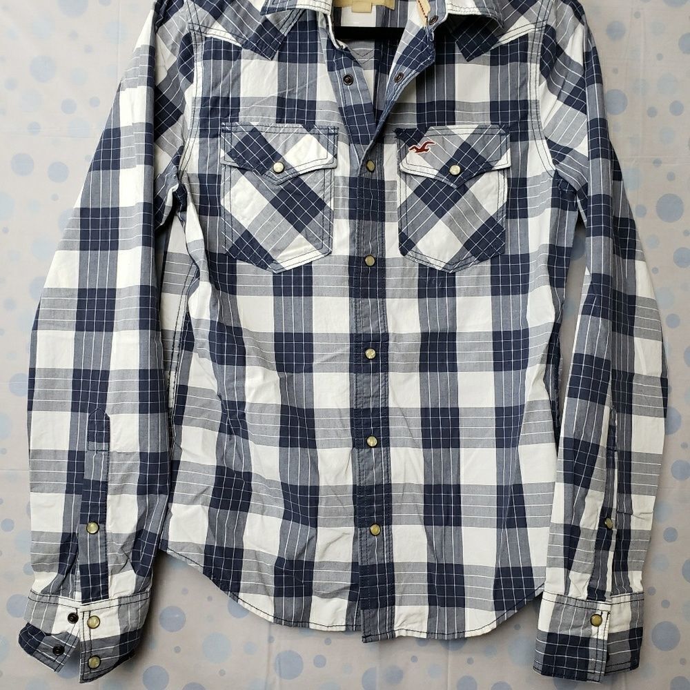 Hollister blue and white plaid shirt pearl snap